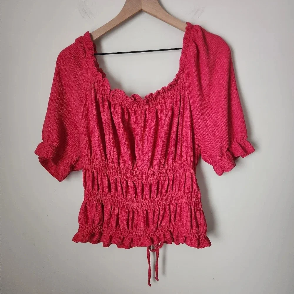 Anthropologie Pilcro | Puff-Sleeved Cinched Waist Top in Rose/Tyrie - Size XL